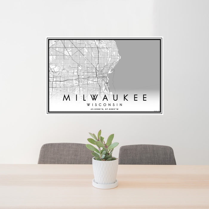 24x36 Milwaukee Wisconsin Map Print Landscape Orientation in Classic Style Behind 2 Chairs Table and Potted Plant