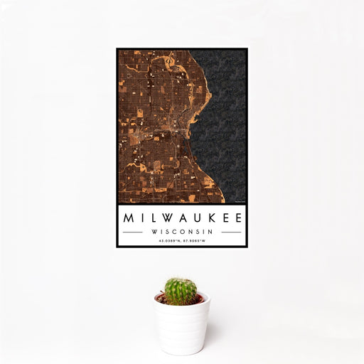 12x18 Milwaukee Wisconsin Map Print Portrait Orientation in Ember Style With Small Cactus Plant in White Planter