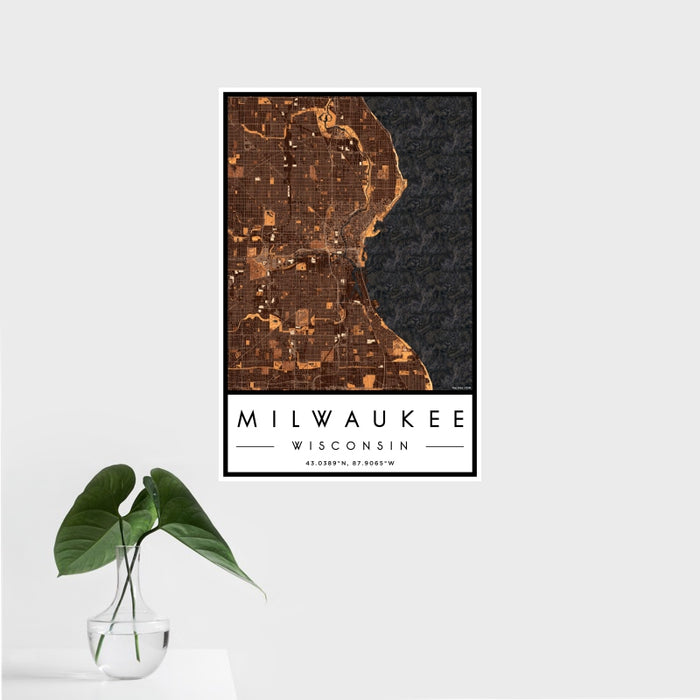 16x24 Milwaukee Wisconsin Map Print Portrait Orientation in Ember Style With Tropical Plant Leaves in Water