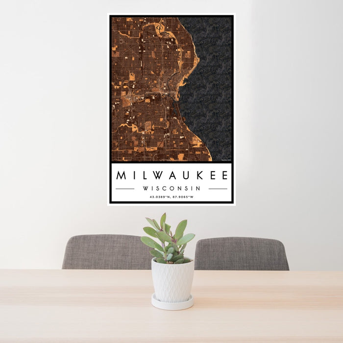 24x36 Milwaukee Wisconsin Map Print Portrait Orientation in Ember Style Behind 2 Chairs Table and Potted Plant