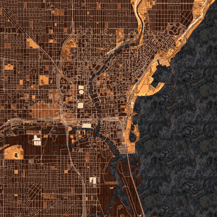 Milwaukee Wisconsin Map Print in Ember Style Zoomed In Close Up Showing Details