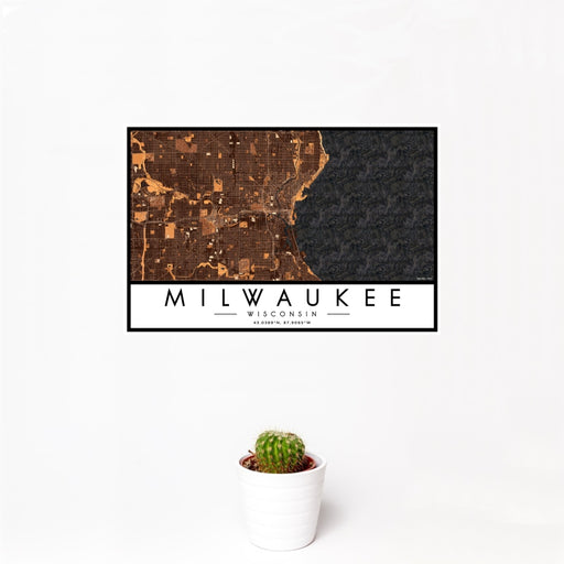 12x18 Milwaukee Wisconsin Map Print Landscape Orientation in Ember Style With Small Cactus Plant in White Planter