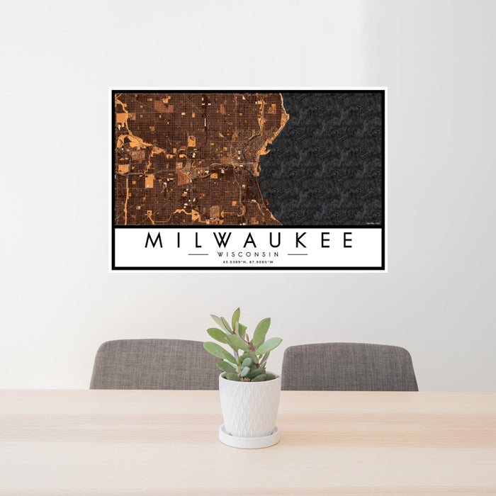24x36 Milwaukee Wisconsin Map Print Landscape Orientation in Ember Style Behind 2 Chairs Table and Potted Plant