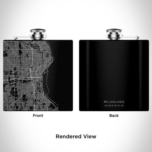 Rendered View of Milwaukee Wisconsin Map Engraving on 6oz Stainless Steel Flask in Black