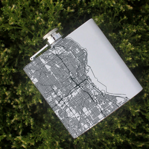 Milwaukee Wisconsin Custom Engraved City Map Inscription Coordinates on 6oz Stainless Steel Flask in White