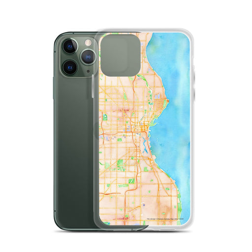 Custom Milwaukee Wisconsin Map Phone Case in Watercolor on Table with Laptop and Plant