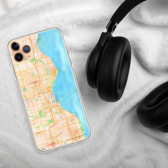 Custom Milwaukee Wisconsin Map Phone Case in Watercolor on Table with Black Headphones