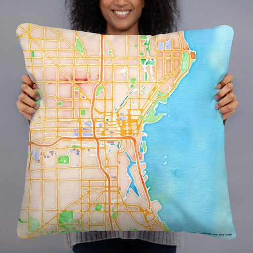 Person holding 22x22 Custom Milwaukee Wisconsin Map Throw Pillow in Watercolor