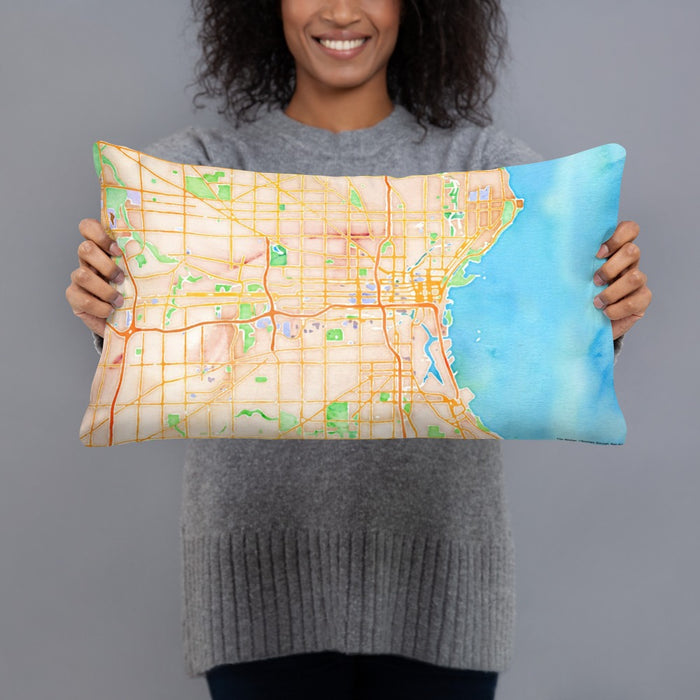 Person holding 20x12 Custom Milwaukee Wisconsin Map Throw Pillow in Watercolor
