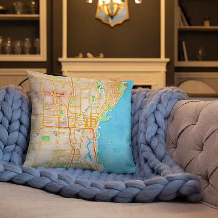 Custom Milwaukee Wisconsin Map Throw Pillow in Watercolor on Cream Colored Couch