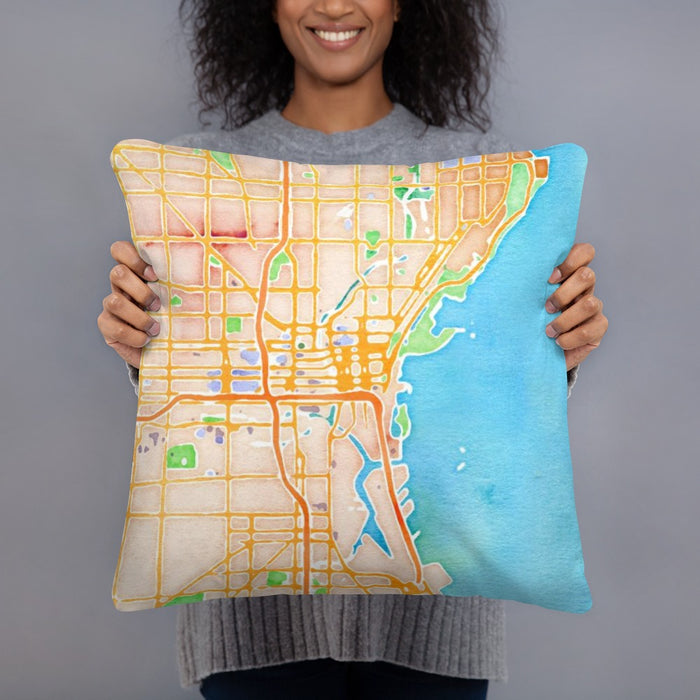 Person holding 18x18 Custom Milwaukee Wisconsin Map Throw Pillow in Watercolor