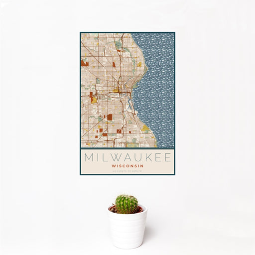 12x18 Milwaukee Wisconsin Map Print Portrait Orientation in Woodblock Style With Small Cactus Plant in White Planter