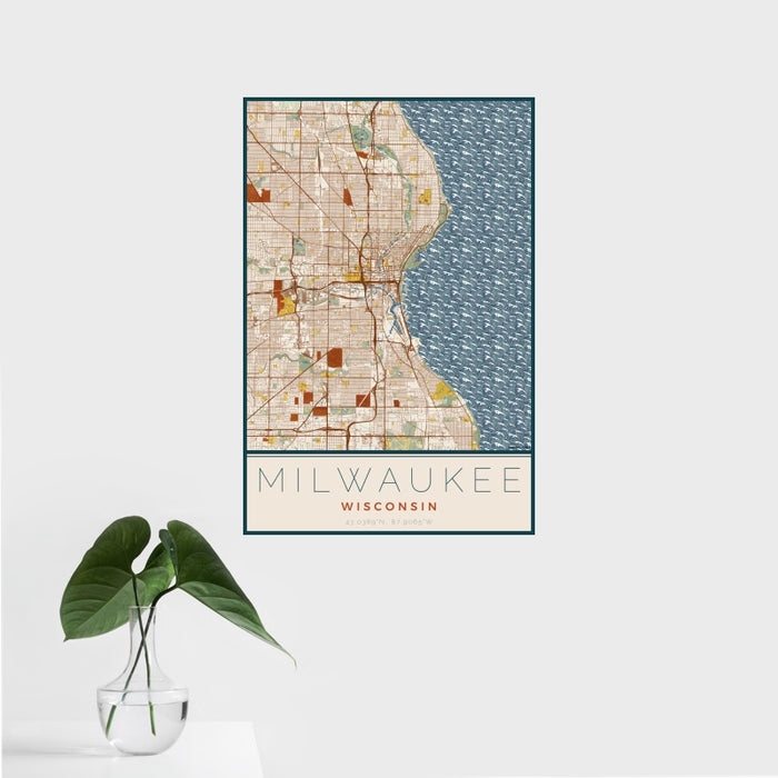16x24 Milwaukee Wisconsin Map Print Portrait Orientation in Woodblock Style With Tropical Plant Leaves in Water