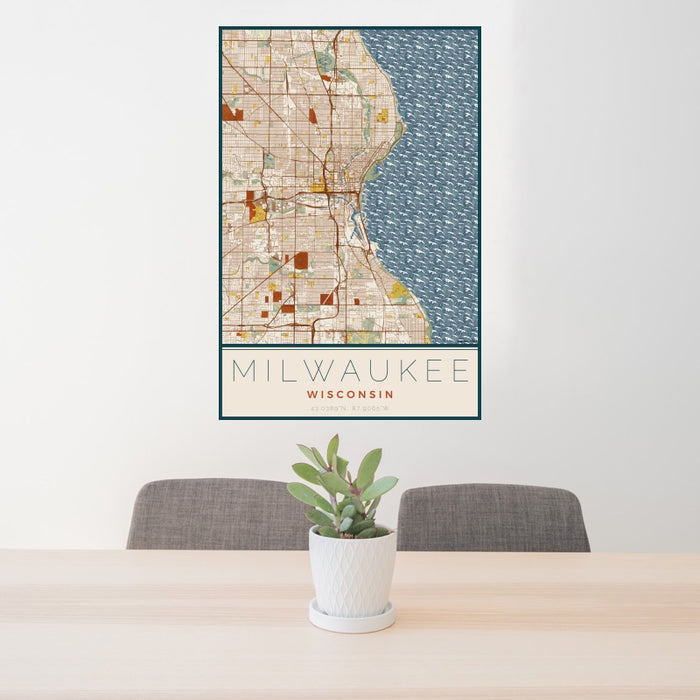 24x36 Milwaukee Wisconsin Map Print Portrait Orientation in Woodblock Style Behind 2 Chairs Table and Potted Plant