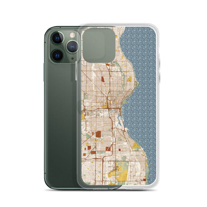 Custom Milwaukee Wisconsin Map Phone Case in Woodblock on Table with Laptop and Plant