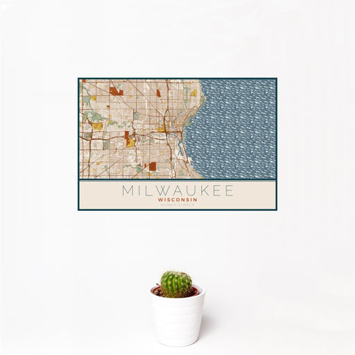 12x18 Milwaukee Wisconsin Map Print Landscape Orientation in Woodblock Style With Small Cactus Plant in White Planter