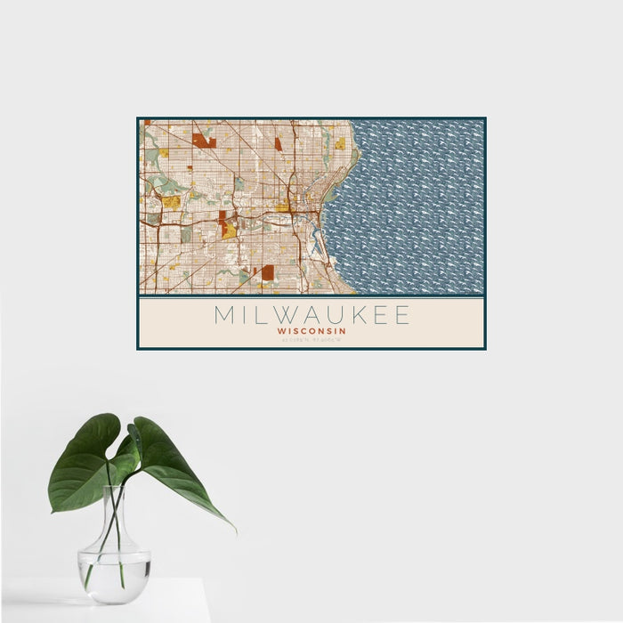 16x24 Milwaukee Wisconsin Map Print Landscape Orientation in Woodblock Style With Tropical Plant Leaves in Water