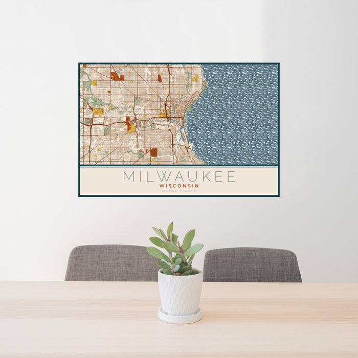 24x36 Milwaukee Wisconsin Map Print Landscape Orientation in Woodblock Style Behind 2 Chairs Table and Potted Plant