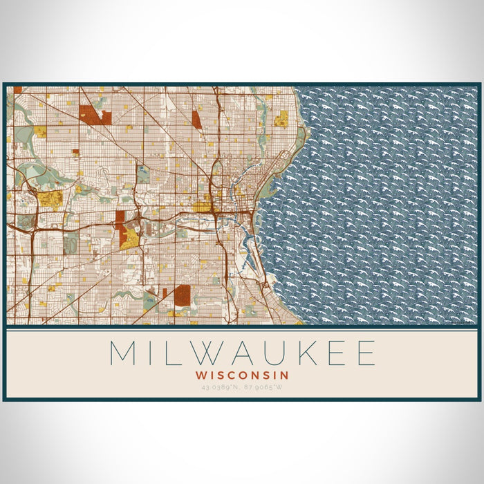 Milwaukee Wisconsin Map Print Landscape Orientation in Woodblock Style With Shaded Background