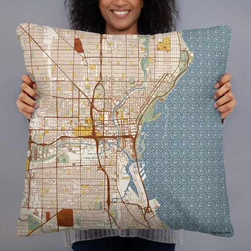 Person holding 22x22 Custom Milwaukee Wisconsin Map Throw Pillow in Woodblock