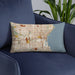 Custom Milwaukee Wisconsin Map Throw Pillow in Woodblock on Blue Colored Chair