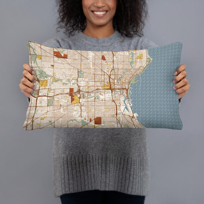 Person holding 20x12 Custom Milwaukee Wisconsin Map Throw Pillow in Woodblock