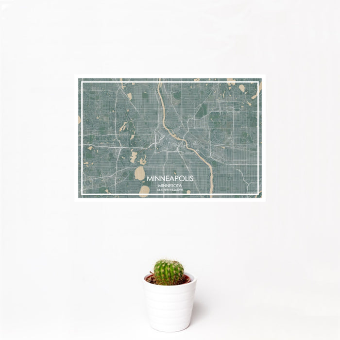 12x18 Minneapolis Minnesota Map Print Landscape Orientation in Afternoon Style With Small Cactus Plant in White Planter