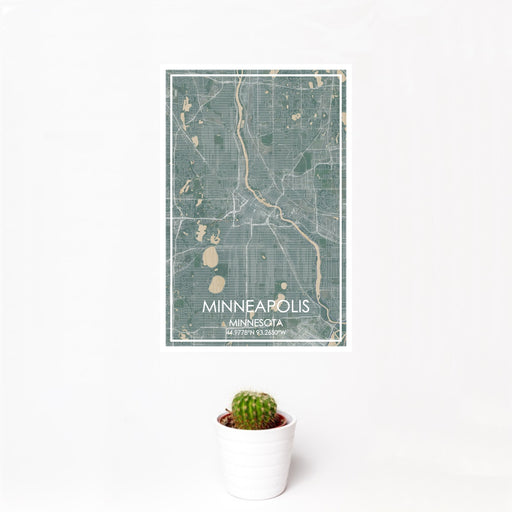 12x18 Minneapolis Minnesota Map Print Portrait Orientation in Afternoon Style With Small Cactus Plant in White Planter