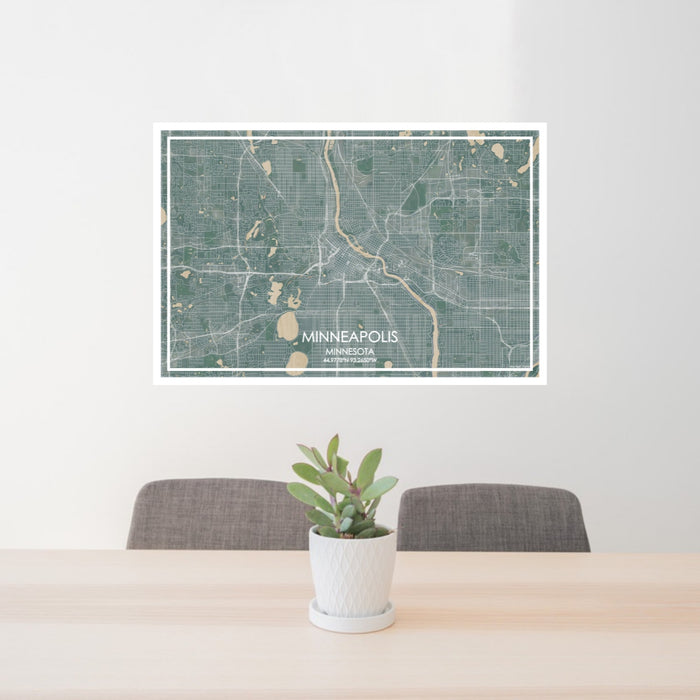 24x36 Minneapolis Minnesota Map Print Lanscape Orientation in Afternoon Style Behind 2 Chairs Table and Potted Plant