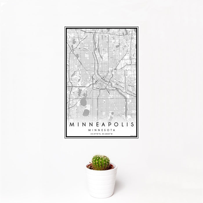 12x18 Minneapolis Minnesota Map Print Portrait Orientation in Classic Style With Small Cactus Plant in White Planter