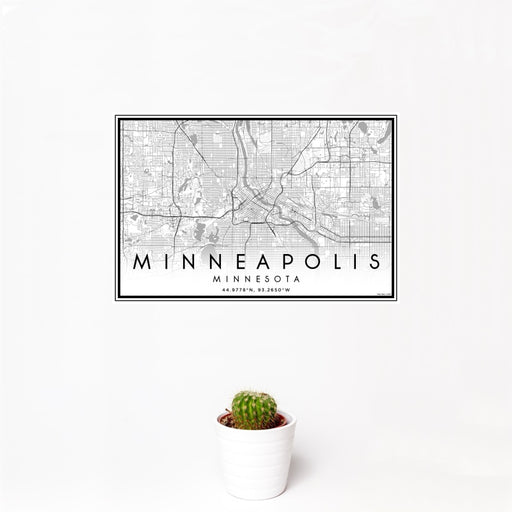 12x18 Minneapolis Minnesota Map Print Landscape Orientation in Classic Style With Small Cactus Plant in White Planter
