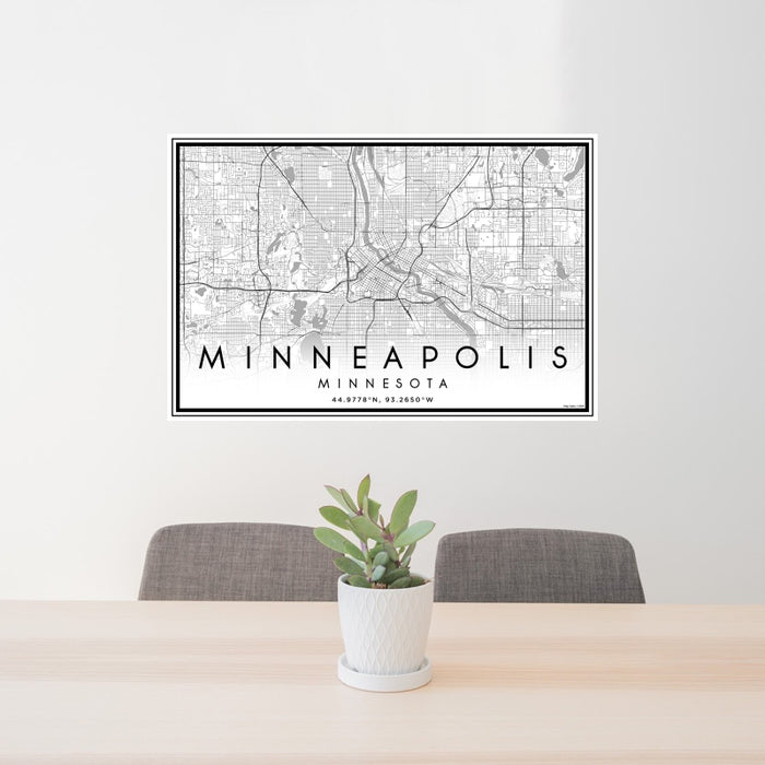 24x36 Minneapolis Minnesota Map Print Landscape Orientation in Classic Style Behind 2 Chairs Table and Potted Plant