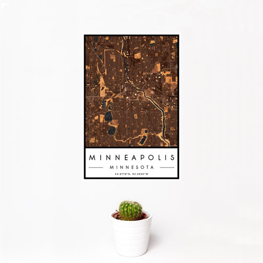 12x18 Minneapolis Minnesota Map Print Portrait Orientation in Ember Style With Small Cactus Plant in White Planter