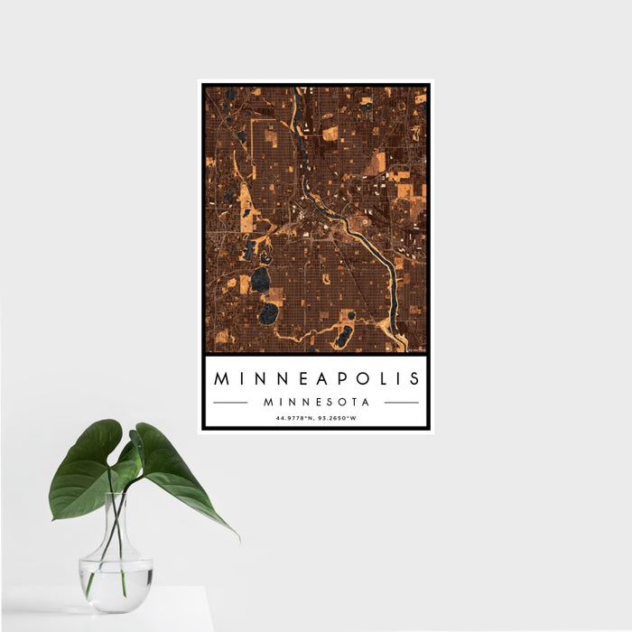 16x24 Minneapolis Minnesota Map Print Portrait Orientation in Ember Style With Tropical Plant Leaves in Water