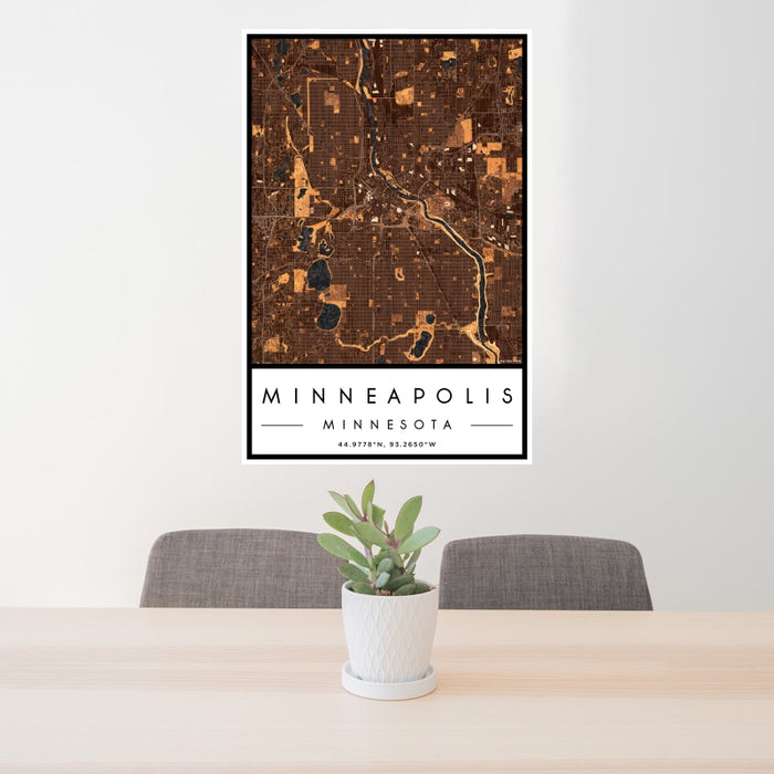 24x36 Minneapolis Minnesota Map Print Portrait Orientation in Ember Style Behind 2 Chairs Table and Potted Plant