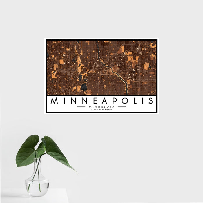 16x24 Minneapolis Minnesota Map Print Landscape Orientation in Ember Style With Tropical Plant Leaves in Water