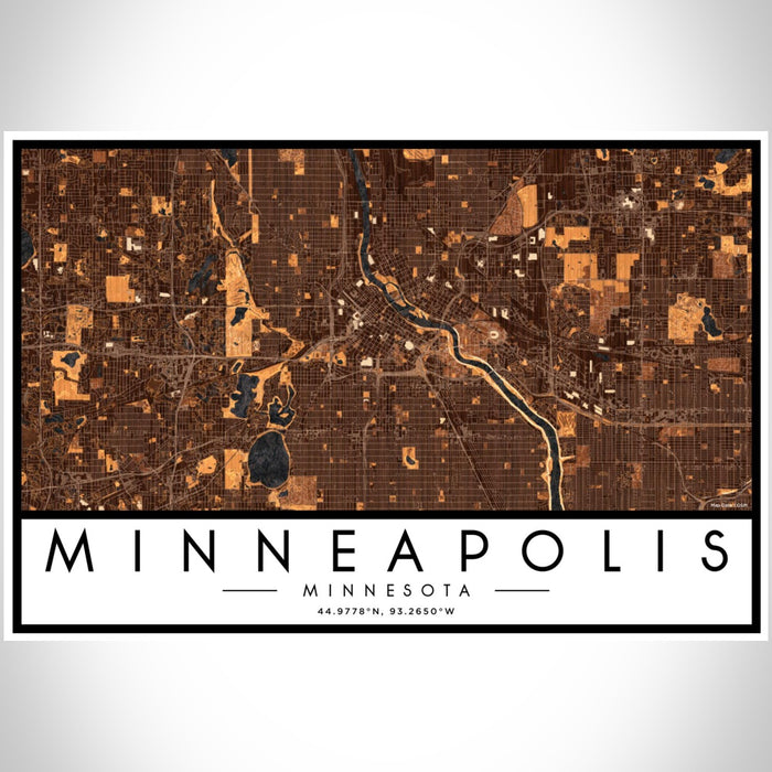 Minneapolis Minnesota Map Print Landscape Orientation in Ember Style With Shaded Background