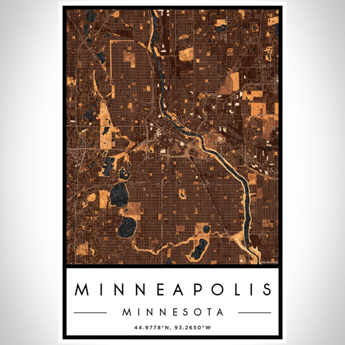 Minneapolis Minnesota Map Print Portrait Orientation in Ember Style With Shaded Background