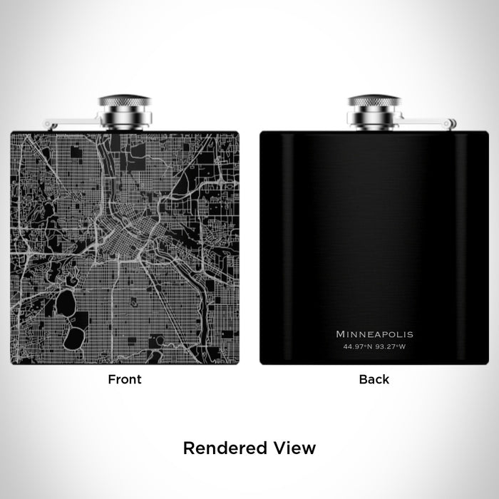 Rendered View of Minneapolis Minnesota Map Engraving on 6oz Stainless Steel Flask in Black