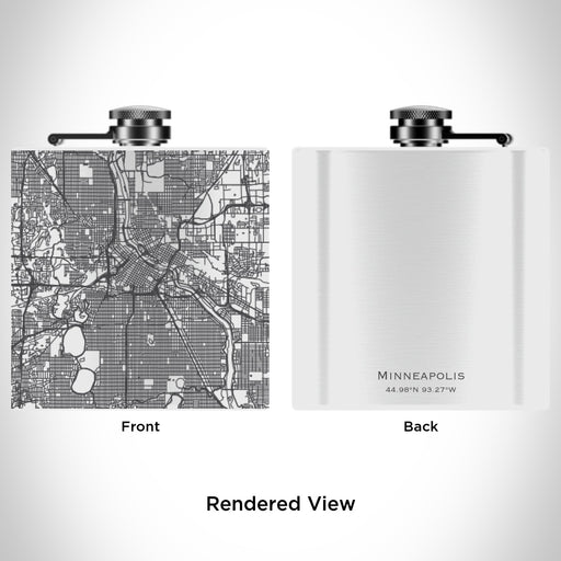 Rendered View of Minneapolis Minnesota Map Engraving on 6oz Stainless Steel Flask in White