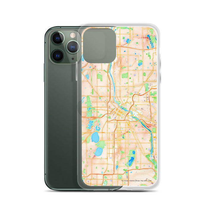 Custom Minneapolis Minnesota Map Phone Case in Watercolor on Table with Laptop and Plant
