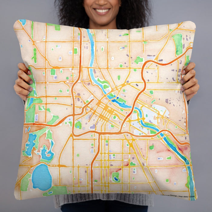 Person holding 22x22 Custom Minneapolis Minnesota Map Throw Pillow in Watercolor