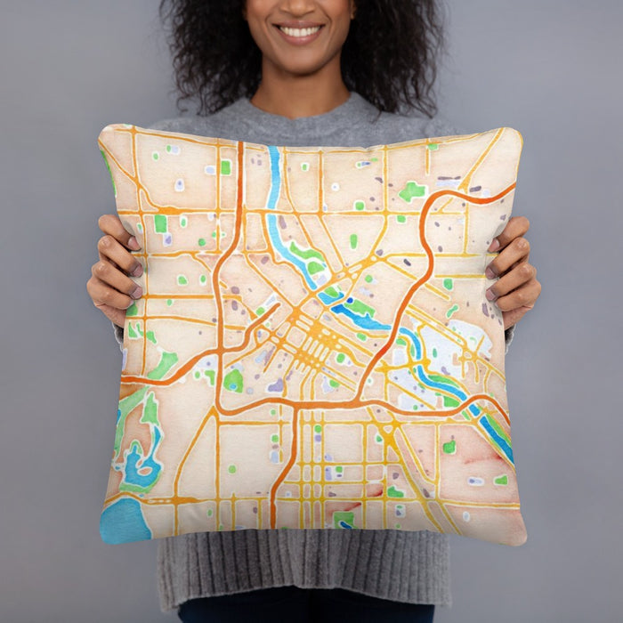 Person holding 18x18 Custom Minneapolis Minnesota Map Throw Pillow in Watercolor