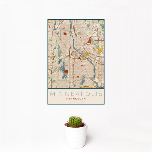 12x18 Minneapolis Minnesota Map Print Portrait Orientation in Woodblock Style With Small Cactus Plant in White Planter