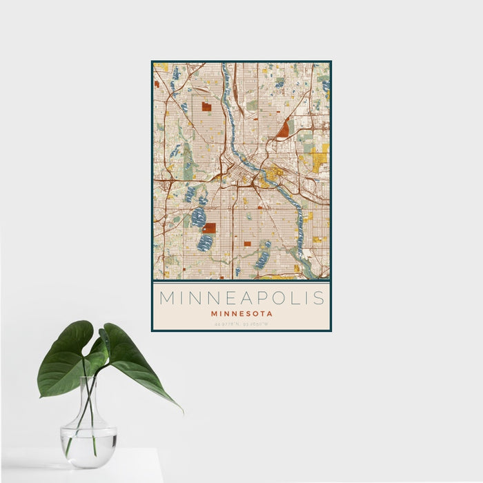 16x24 Minneapolis Minnesota Map Print Portrait Orientation in Woodblock Style With Tropical Plant Leaves in Water