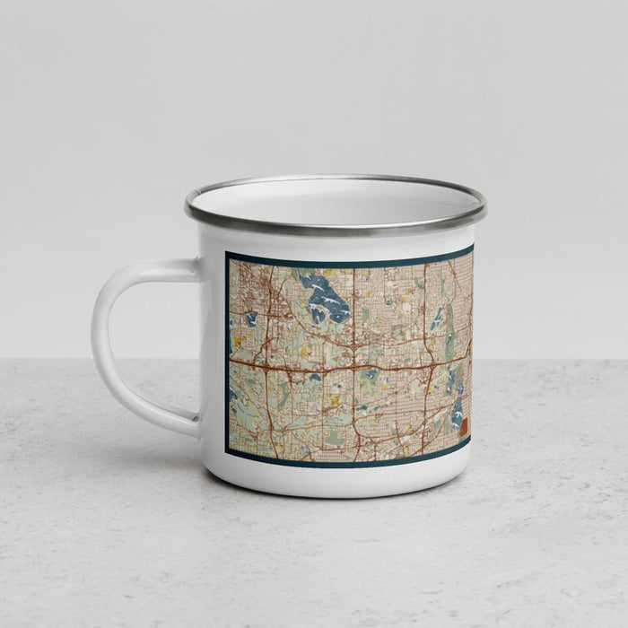Left View Custom Minneapolis Minnesota Map Enamel Mug in Woodblock