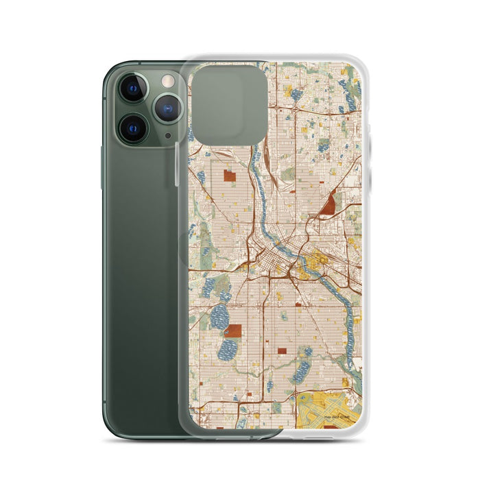 Custom Minneapolis Minnesota Map Phone Case in Woodblock on Table with Laptop and Plant