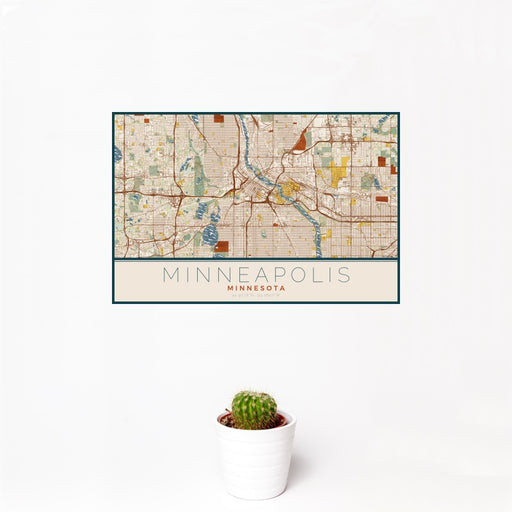 12x18 Minneapolis Minnesota Map Print Landscape Orientation in Woodblock Style With Small Cactus Plant in White Planter