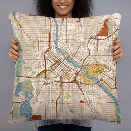 Person holding 22x22 Custom Minneapolis Minnesota Map Throw Pillow in Woodblock