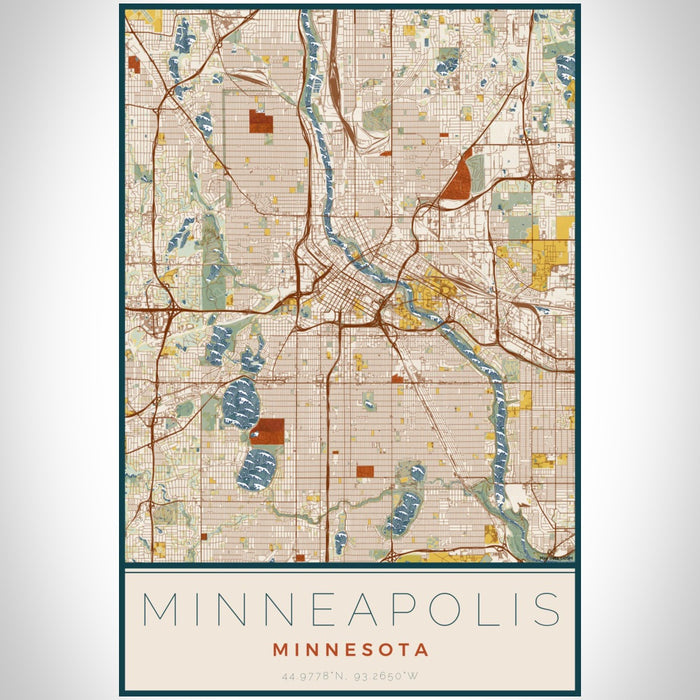 Minneapolis Minnesota Map Print Portrait Orientation in Woodblock Style With Shaded Background